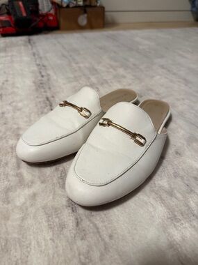 le chateau White Leather Backless Mules with Gold Bit